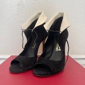 Edgardo Osorio for Salvatore Ferragamo Zoe Suede Kid Bianco Black Leather Heels